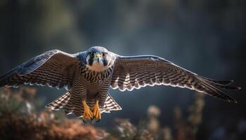 The majestic eagle owl spreads its wings in tranquil forest generated by AI photo