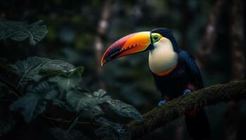 The vibrant macaw perches on a branch in the rainforest generated by AI photo