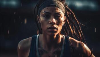 One determined young adult athlete, wet from rain, exercising outdoors generated by AI photo