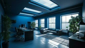 un moderno oficina con azul sillas y brillante Encendiendo equipo generado por ai foto