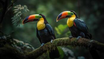 un vibrante tucán perchas en un rama en el selva generado por ai foto