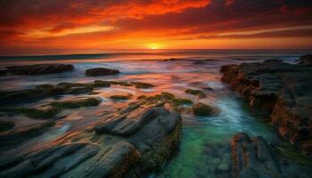 el tranquilo puesta de sol terminado el rocoso línea costera estaba impresionantemente hermosa generado por ai foto