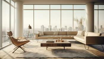 moderno lujo vivo habitación con cómodo sofá, elegante sillón, y vaso mesa generado por ai foto