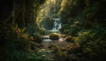 tranquilo escena de majestuoso cascada en tropical selva paraíso generado por ai foto
