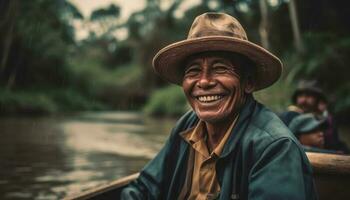 Happy senior man enjoys rural vacation fishing in forest stream generated by AI photo