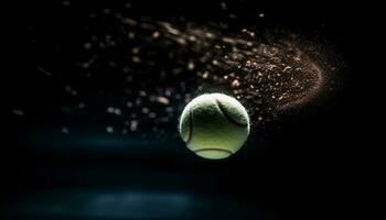 Competitive tennis ball hits wet surface, reflecting black background pattern generated by AI photo