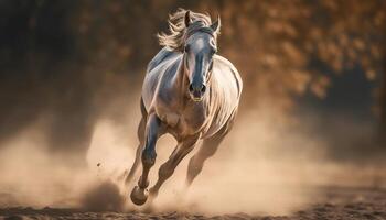 Thoroughbred stallion running free in meadow, a symbol of strength generated by AI photo