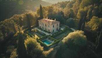 The ancient chapel on the hill, surrounded by fog and forest generated by AI photo