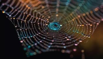 Spider web glistens with dew drops in close up macro shot generated by AI photo