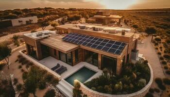 Modern architecture harnesses solar energy to power luxurious outdoor landscapes generated by AI photo