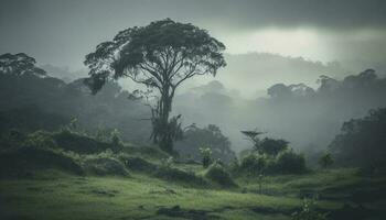 The mysterious fog shrouds the tranquil tropical rainforest silhouette generated by AI photo