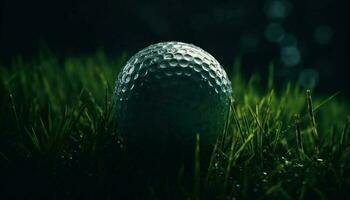 golf pelota en tee, Listo para deporte en verde césped generado por ai foto