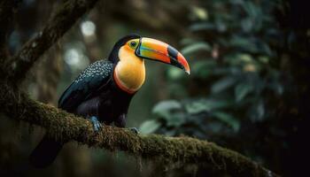 A vibrant macaw perching on a branch in the rainforest generated by AI photo