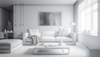 moderno Departamento diseño con cómodo sofá, elegante decoración y eléctrico lámpara generado por ai foto