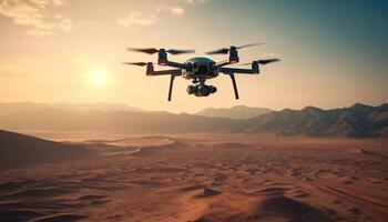 Aerial view of mountain range captured by hovering drone camera generated by AI photo