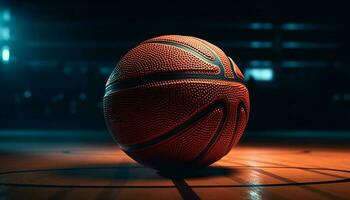 Competitive basketball game under bright orange spotlight, success achieved generated by AI photo