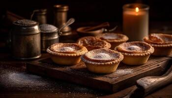 Homemade muffin on rustic wood table, a sweet indulgence generated by AI photo