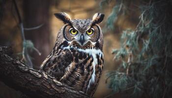 The majestic eagle owl perching on a branch, staring fiercely generated by AI photo