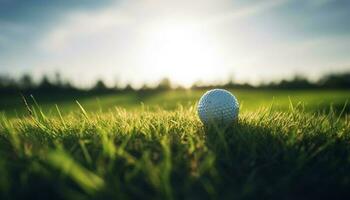 golfista putts pelota en verde, tomando el sol en luz de sol éxito generado por ai foto