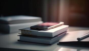 Stacks of textbooks on wooden shelves in modern library space generated by AI photo