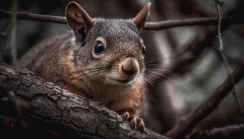 linda Conejo sentado en rama, mirando a cámara en otoño generado por ai foto