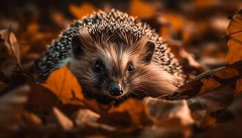 Cute hedgehog sniffs autumn leaf in close up portrait generated by AI photo