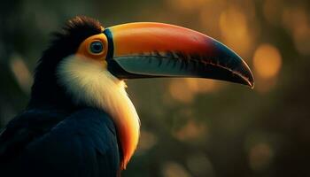 The vibrant toucan perches on a branch in the forest generated by AI photo