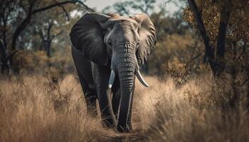 A majestic African elephant walks through the tranquil savannah grass generated by AI photo