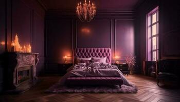 acogedor moderno dormitorio con lujoso lecho y elegante decoración generado por ai foto