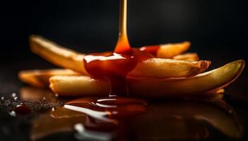 Crunchy French fries drop on plate, unhealthy snack temptation generated by AI photo