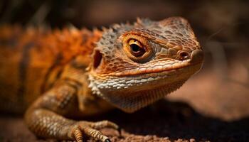 Multi colored iguana crawls on branch, its scales in focus generated by AI photo