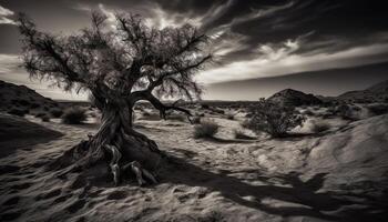 Arid Africa Dark silhouette of tree on mountain, spooky dusk generated by AI photo