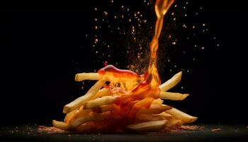 Grilled meat igniting in inferno, creating abstract motion on black background generated by AI photo