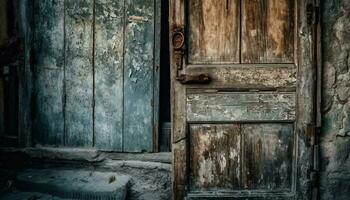 Rusty padlock secures weathered wooden door on abandoned rustic barn generated by AI photo