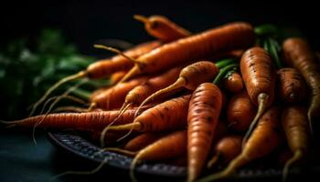 Fresh, organic carrots with healthy green tops for vegetarian cooking generated by AI photo