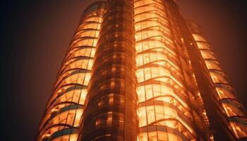 A futuristic skyscraper illuminates the city skyline at dusk generated by AI photo