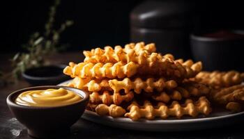 A homemade crunchy cookie stack on a rustic wood table generated by AI photo