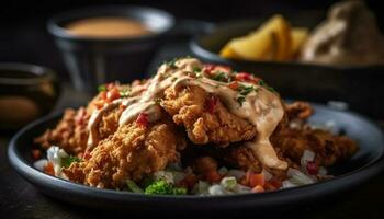 Grilled chicken and vegetable plate with homemade sauce and breaded dip generated by AI photo