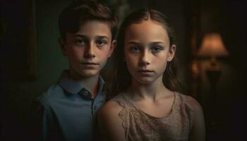 Two cute boys and their sister smiling in a studio shot generated by AI photo