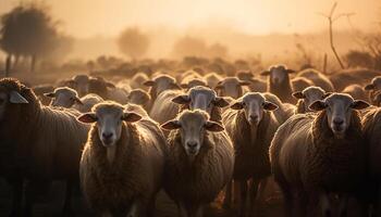 A herd of cattle grazing on a meadow at sunset generated by AI photo