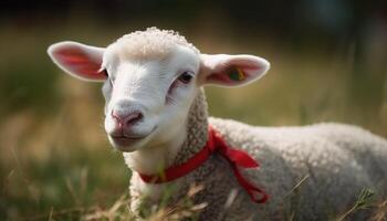 Curious lamb grazes in lush meadow, innocence in nature beauty generated by AI photo