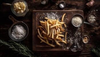 Deep fried French fries and grilled beef on rustic table generated by AI photo