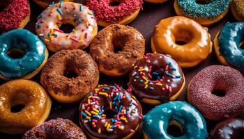 A multi colored, glazed chocolate doughnut a sweet indulgence temptation generated by AI photo