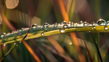 Fresh dew drops on green grass, nature vibrant summer beauty generated by AI photo