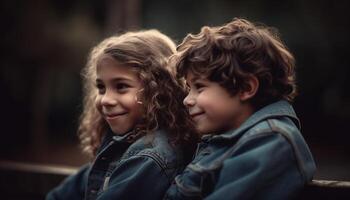 Two cheerful siblings embracing outdoors, enjoying summer nature together generated by AI photo