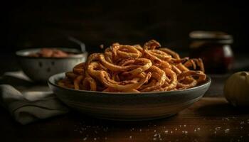 A gourmet fruit bowl, fresh and organic, on a rustic table generated by AI photo