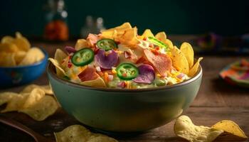 Fresh guacamole dip on crunchy tortilla chips, a Mexican appetizer generated by AI photo