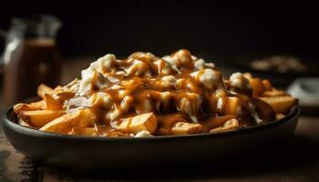 A homemade dessert bowl with indulgent chocolate and sweet candy generated by AI photo