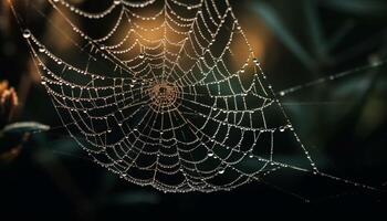 Spooky spider spins wet web in dewy autumn forest meadow generated by AI photo