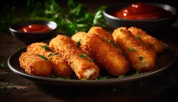 profundo frito gastrónomo aperitivo plato con empanizado pollo y salsa de tomate generado por ai foto